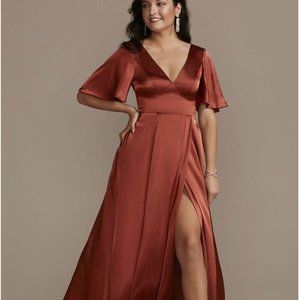 Galina Signature Charmeuse Flutter-Sleeve A-Line Bridesmaid Dress Cinnamon NWT